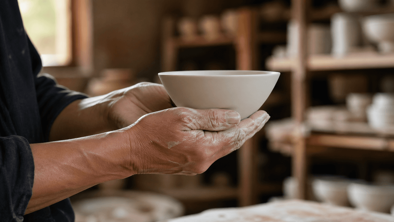 师傅手捧白瓷碗,工坊一角